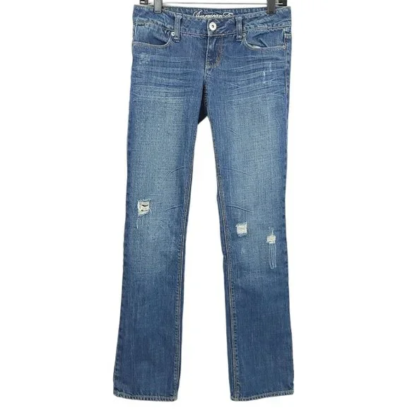 American Eagle 77 Straight Denim Jeans Womens Size 2R Distressed Medium Wash - Picture 1 of 14